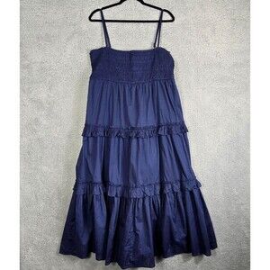 INC Smocked Tiered Maxi Dress XL Blue Cottagecore Nautical Boho Country